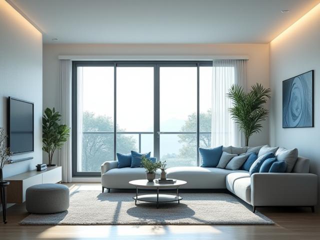 Brightly lit, clean modern living room emphasizing cleanliness