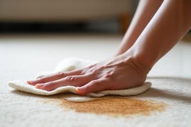 Close-up of a person gently blotting a coffee stain on a light-colored carpet