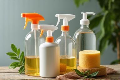 Eco-friendly cleaning products including spray bottles and natural sponges on a wooden surface